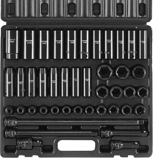 VEVOR 1/2 Inch Drive Impact Socket Set, 38-Piece, Chrome Vanadium Steel, Blue and Black