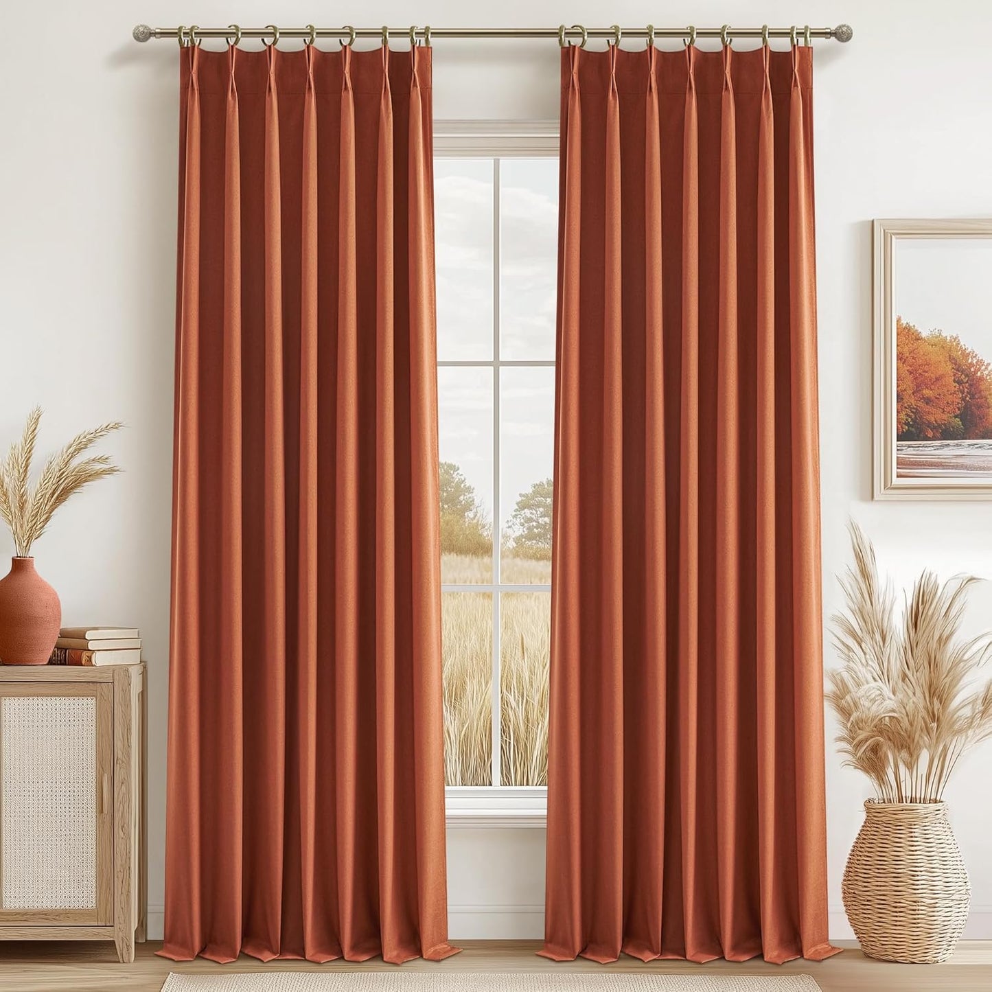 Fall Burnt Orange Curtains Pinch Pleated Blackout 108 Inches Long 2 Panels Set,Terracotta Autumn Color Decor Retro for Living Room Antique Copper Rust Boho 70s Window Linen Drapes (W40"xL108")