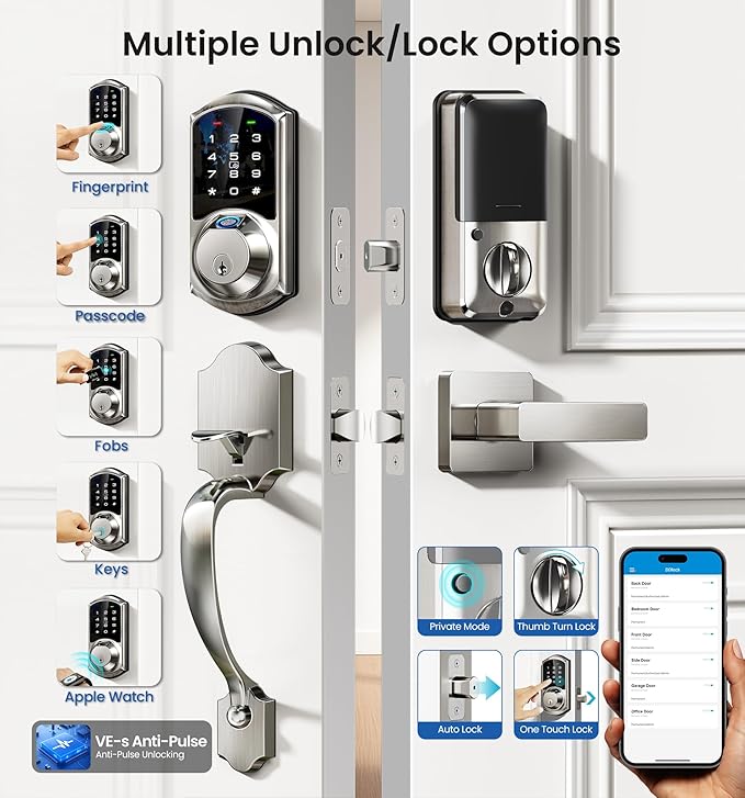 Veise VE07-H Fingerprint Smart Locks for Front Door with Handle Set, App Control, Keyless Entry Keypad Deadbolt, Digital Electronic Touchscreen, Easy Install, Auto Lock, Satin Nickel