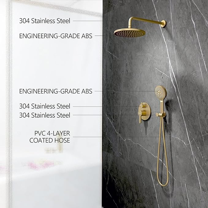 Brushed Gold Shower Faucet Set, Wall Mount Rain Shower System 10 Inches Shower Head and Shower Handheld, Included Pressure Balance Valve and Trim Kit
