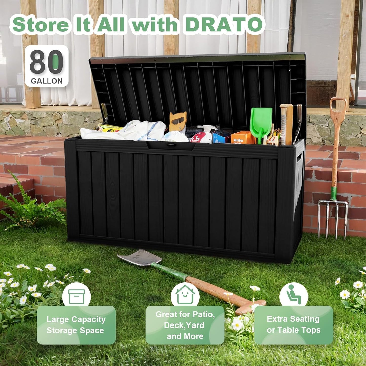 DRATO 80 Gallon Large Deck Box, Outdoor Storage Box for Patio Furniture, Patio Cushions, Gardening Tools, Pool Supplies 480lbs Weight Capacity,Waterproof Resin Storage Boxes