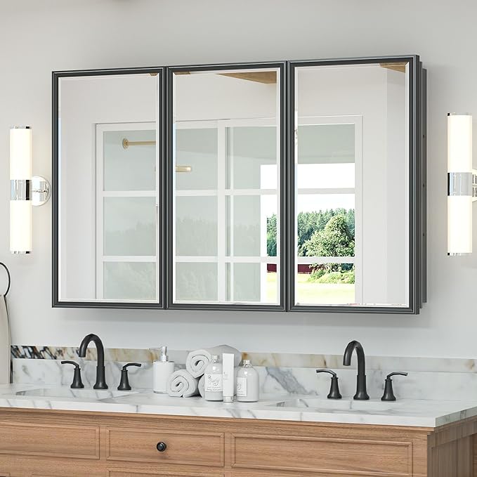 TETOTE 48x30 Inch Medicine Cabinet with Mirror Black Framed Bathroom Aluminum Framed Surface Recessed Wall-Mounted Medicine Cabinets Beveled Mirror with Storage 3 Door Modern Farmhouse