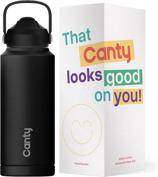 Canty Stainless Steel Water Bottle with Straw, Anti-Slip Base and Giftable Full Colored Box, Great for Travel (Onyx Black, 32 Oz)
