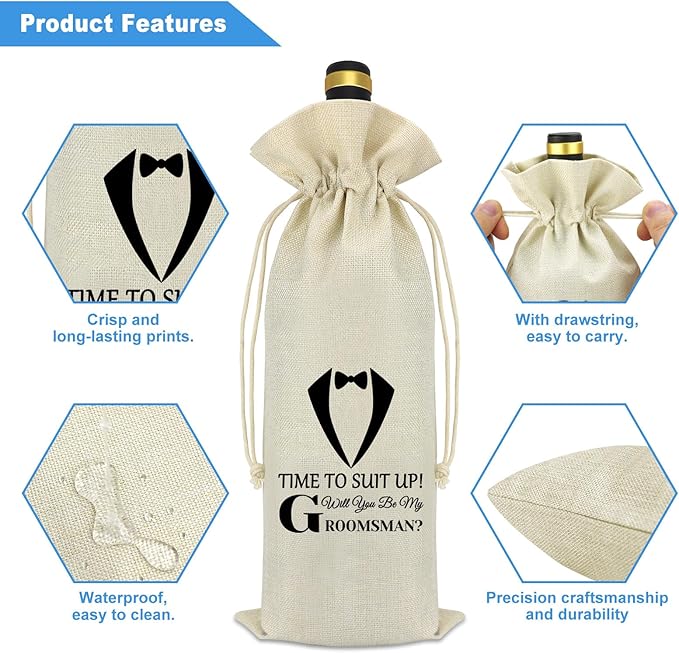 Groomsmen Proposal Gift for Wedding Wine Bag for Men Best Man Proposal Gifts Bachelor Party Decorations Favors Reusable Wine Bottle Gift Bag with Drawstrings Engagement Wedding Gift for Best Friend