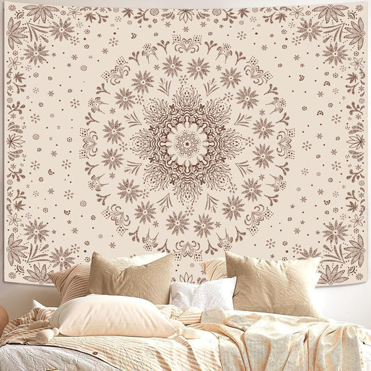 Fowocu Boho Floral Mandala Tapestry Wall Hanging Bohemian Flower Medallion Tapestry Aesthetic Beige Brown Hippie Indian Small Tapestries for Bedroom Living Room Dorm Decor 40 x 30 Inch