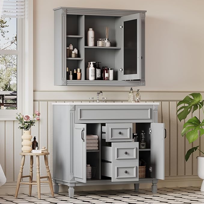 Merax 36" Bathroom Vanity with Sink, 36 inch Bathroom Vanity Storage Cabinet with Matching Mirror Medicine Cabinet, Ceramic Sink Top, Solid Wood Frame, Painted