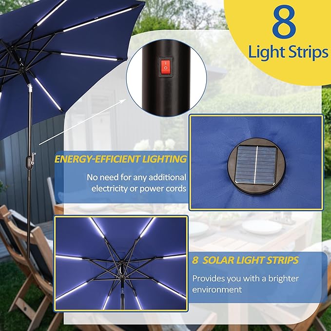 Sunnyglade 9FT Outdoor Solar LED Lighted Patio Umbrella with 8 LED Strip Lights & 8 Ribs, Convenient Crank Lift System