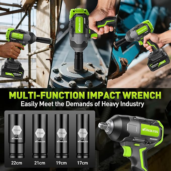 1/2 Impact Gun, 1200Nm (885Ft-lbs) High Torque Brushless, Cordless Impact Wrench with 20V 4Ah Battery, 3-Speed, 4 Cr-V Sockets, LED Light, Variable Speeds, Electric Wrench for Car Tire, Mower Lug Nut