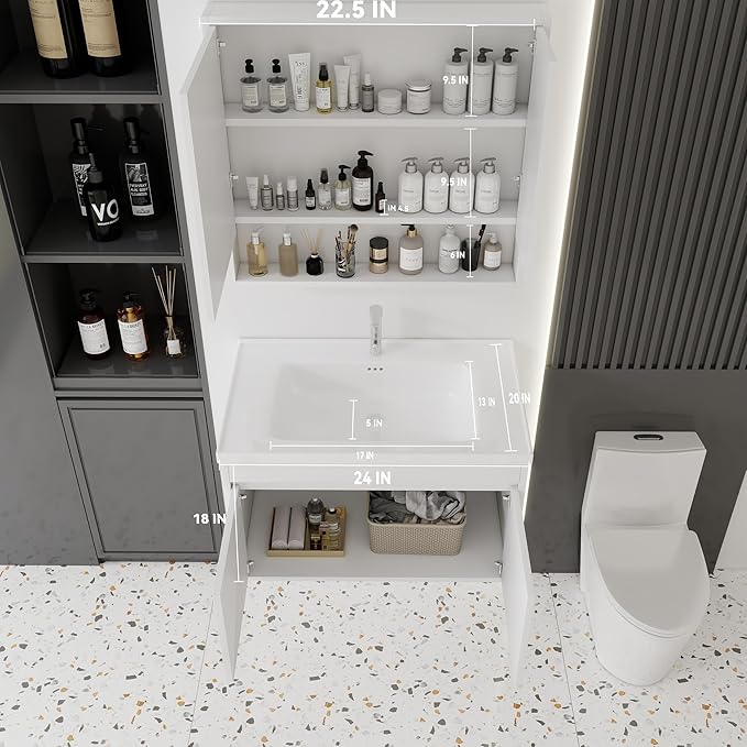 32'' Bathroom Vanity with Ceramic Sink Combo and Medicine Cabinet Mirror with Led Light/Defog, Wall Mounted Small Bathroom Vanity with Soft-Close Door Modern Floating Cabinet, White(No Faucet)