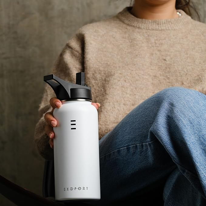 Stainless Steel Water Bottle - 32 Oz Water Bottle with Straw Lid, Coffee Lid, and Wide Mouth Lid - Double Insulated Water Bottle - Metal Water Bottle - Hot and Cold Insulated Thermos - (White)