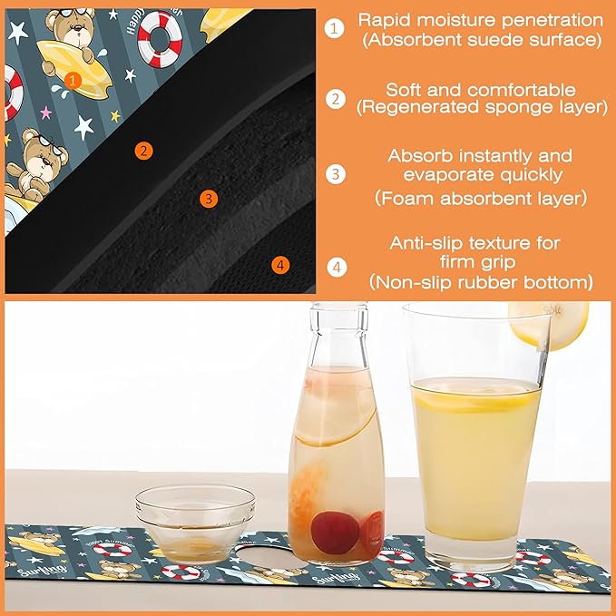 Kitchen Sink Splash Guard Faucet Mat Cartoon Bear Surfing Sink Splash Guard Behind Faucet,1 PC Soft Diatom Mud Non-Slip Mat-for Kitchen,Sink Mat,Dish Drying Mat,Bathroom Faucet Mat 15.5"X5.5"