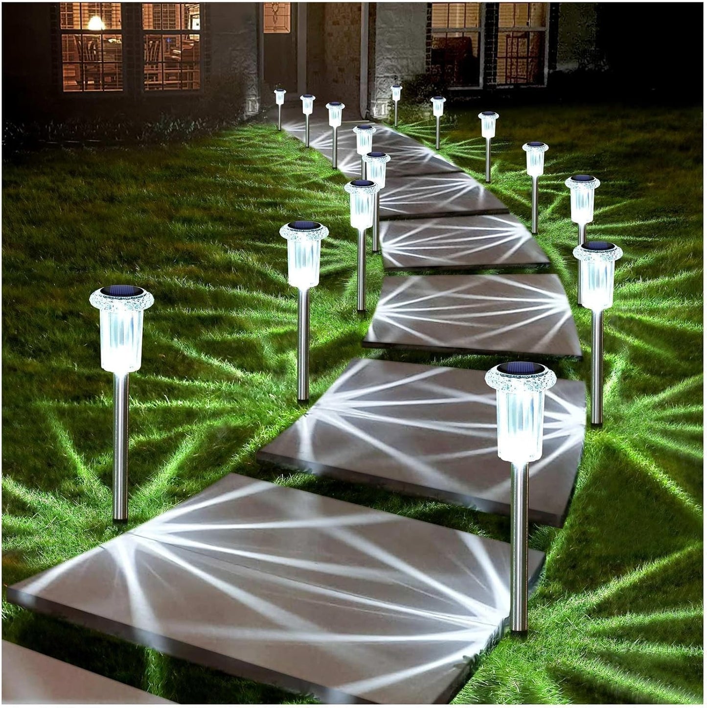 DenicMic Solar Lights Outdoor 10 Pack Waterproof 6000K Cold White LED Stainless Steel Stake for Pathway Yard Garden Driveway Solar Powered Outside Decor