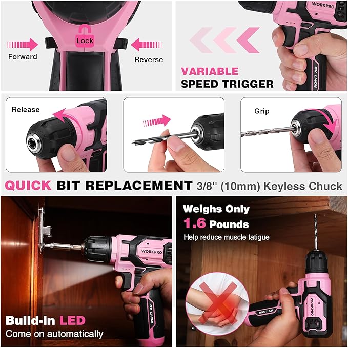 WORKPRO Pink Cordless Drill Driver with Toolbox, 8V Lithium-ion Power Drill and Bits, 2.0 Ah Portable Electric Screwdriver Home Tool Set with Stackable Pink Ribbon Tool Box