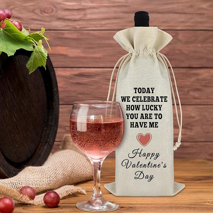 Gfhzdmf Valentine's Day Gift for Wife Husband Wine Bag Happy Valentine's Day Giift for Women Men Drawstring Wine Wrap Bag Proposal Anniversary Wedding Gift Reusable Burlap Wine Bottle Cover