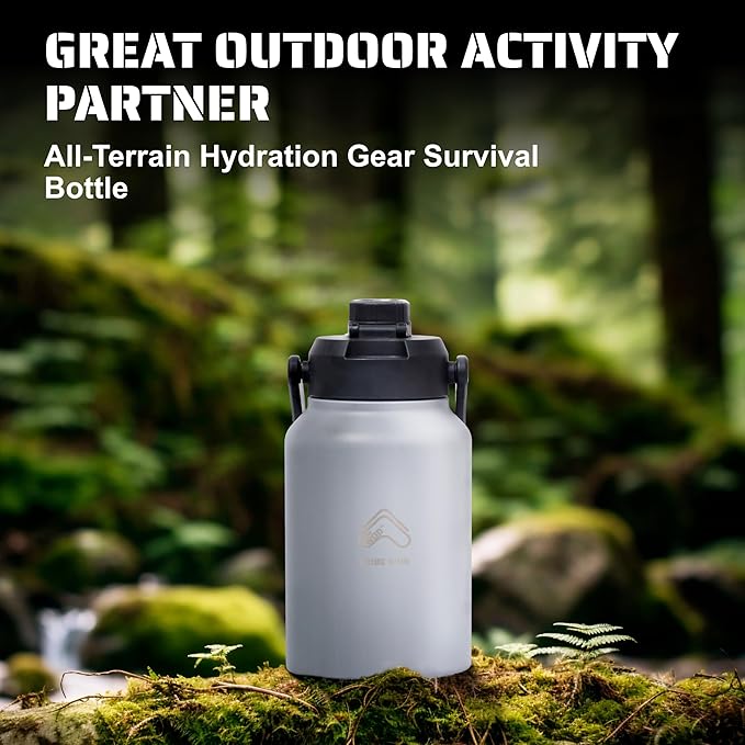 TRIBE WOD Tactical Water Bottle - 64 oz - Outdoor Military Water Bottles Stainless Steel - Double-Wall Jug with Rugged Strap and Removable Sleeve for Keys, Wallet, Phone (Ash Grey)