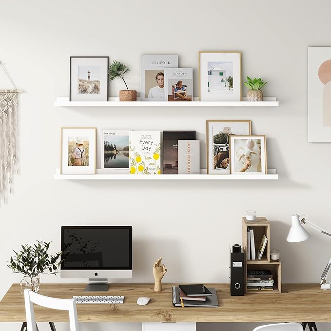 Picture Ledge Shelf for Wall, 24 inch Solid Pine Wood Nursery Book Shelves 2 Packs, Floating Ledge Shelves for Kids' Room Bedroom Bathroom Living Room Photo Frames Office Nursey Wall Decor, White