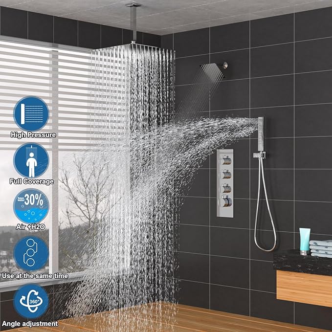 Enga Thermostatic Dual Head Shower System, 16 Inch Ceiling Mount Shower Head with 6 Inch Wall Mount Shower Head Shower Faucet Set, All Functions Can Operate Simultaneously, Chrome