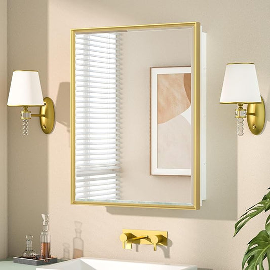 Keonjinn 21" x 27" Gold Medicine Cabinets with Mirror for Bathroom, Recessed or Surface Wall-Mounted Aluminum Alloy Framed Beveled Mirror, Single Door Farmhouse Bathroom Mirror with Storage Cabinet