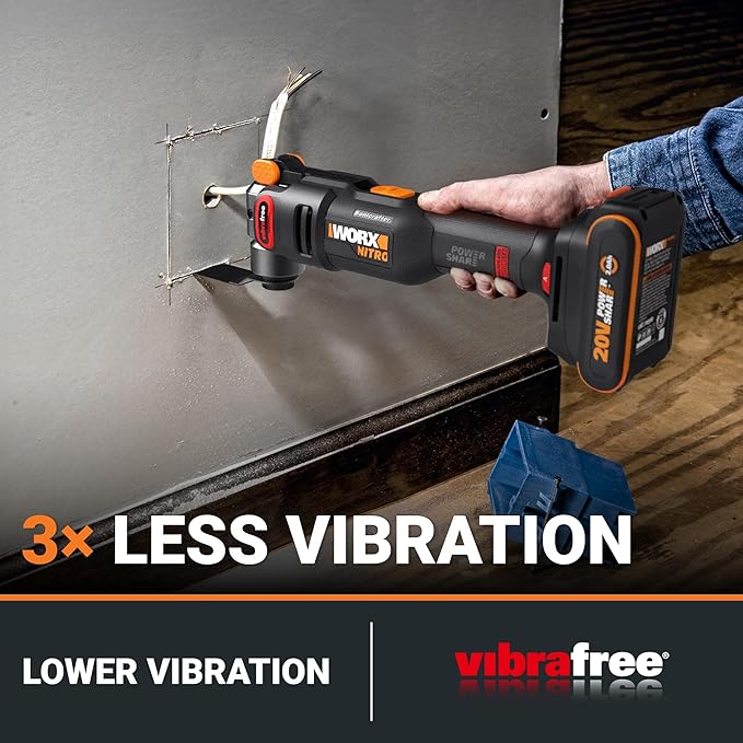 Worx Nitro 20V Cordless Oscillating Multi Tool with 5° Oscillation Angle, VibraFree Technology, Slim-body Design, Tool Only, 23 Pieces Accessories with Carrying Bag, WX698L.9