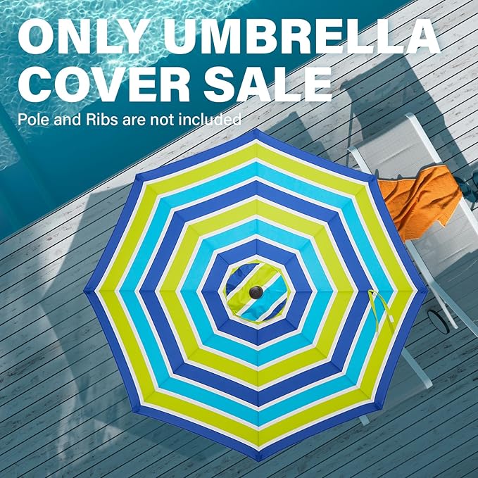 JEAREY 9 ft Patio Umbrella Replacement Canopy for 8 Ribs, Table Market Yard Umbrella Replacement Top Cover-Bold Blue-Green Stripe (Canopy Only)