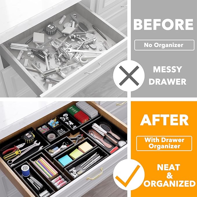 SpaceAid 14-Piece Bamboo Drawer Organizer Storage Boxes Set, Wood Tray Junk Drawer Organizers Multi-Use Divider Bins for Kitchen, Bathroom, Office Desk and Makeup Organization (14 Pack, Black)