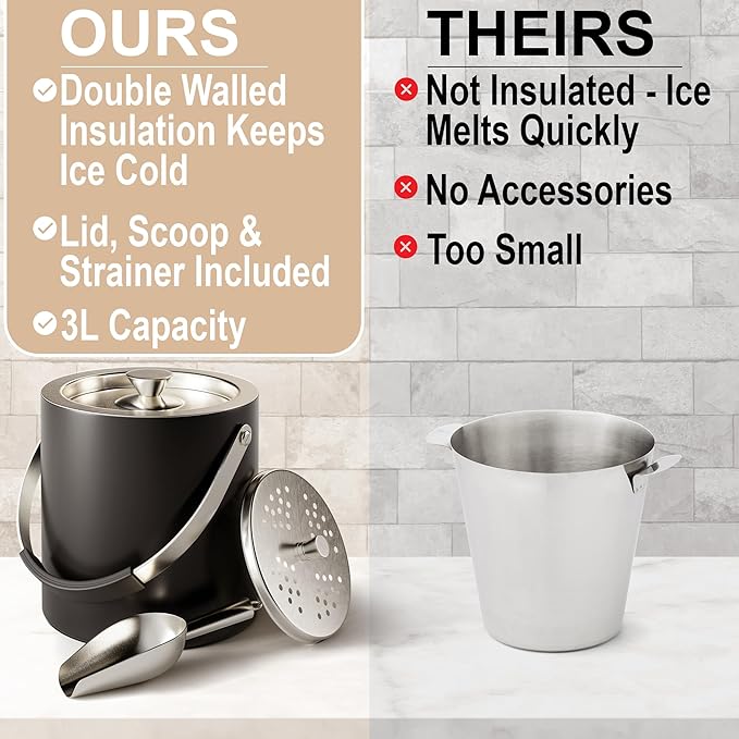 Insulated Ice Bucket with Lid, Strainer, Scoop & Handle - 3L Stainless Steel Double Wall Ice Bucket - Black Ice Bucket for Cocktail Bar - Ice Bucket with Scoop - Large Ice Buckets for Parties with Lid