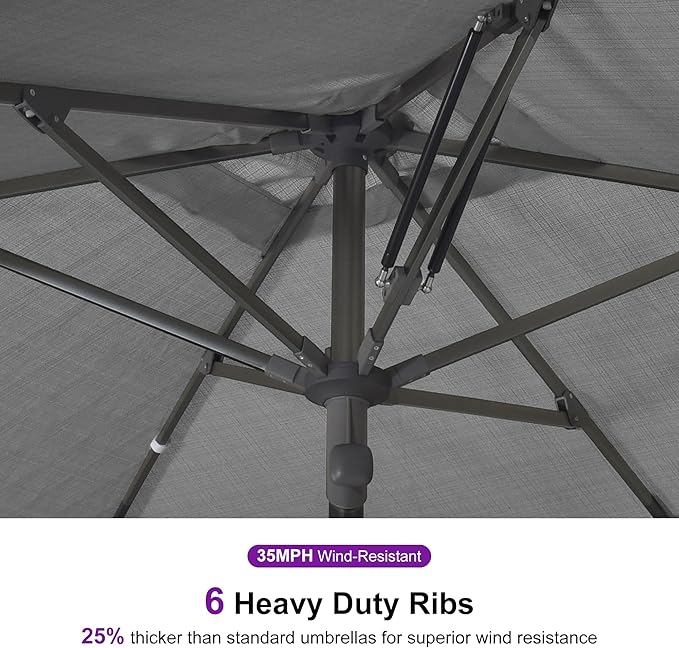 PURPLE LEAF 6 X 10 FT Semi-Auto Outdoor Patio Umbrella with Base Market Table Sun Umbrellas with 6 Aluminum Sturdy Ribs for Backyard Deck Garden Pool (Gray Pole Gray Canopy)