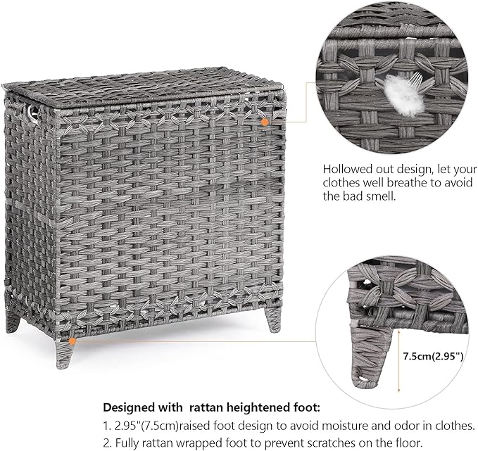 Laundry Hamper with 3 Removable Liner Bags; 132L Handwoven Rattan Laundry Basket with Lid & Heightened Feet; Clothes Hamper with Side Handles; Laundry Sorter with 3 Separate Sections (Gray)