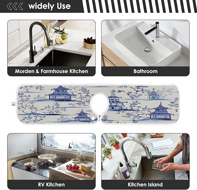 Kitchen Faucet Absorbent Mat, Ink Chinese Pagodas Trees Water Splash Guard for Sink, Faucet Drip Catcher Thicken Sponge Microfiber Faucet Water Catcher Mat Sink Absorbent Mat for Kitchen 30x5in 2Pack