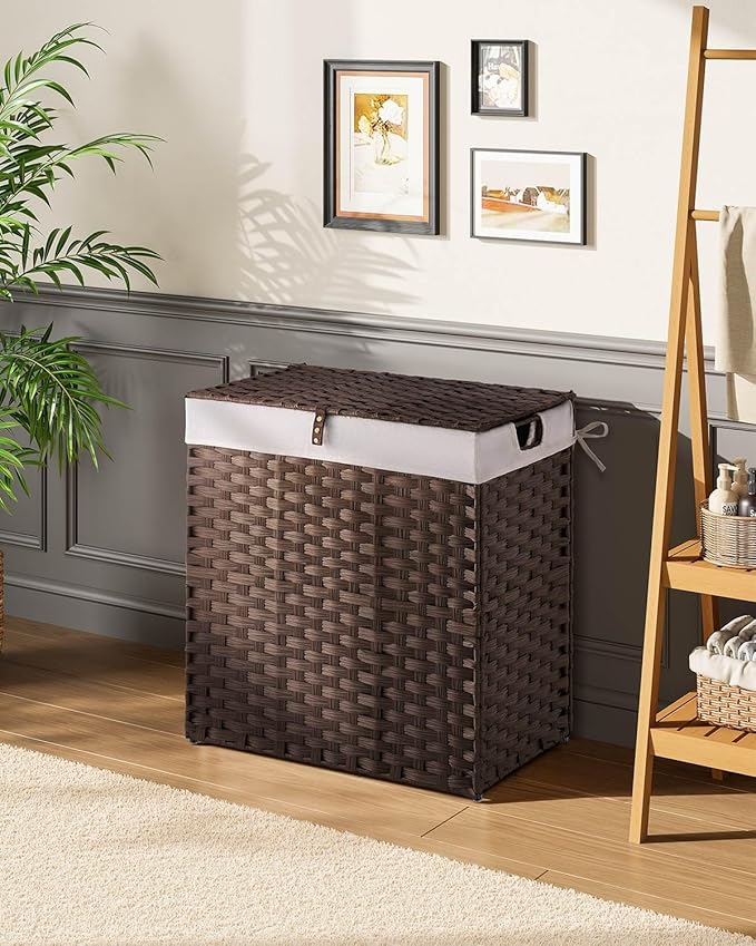 Greenstell Laundry Hamper with lid, No Install Needed, 110L Wicker Laundry Baskets Foldable 2 Removable Liner Bags, 2 Section Clothes Hamper Handwoven Rattan Laundry Basket with Handles, Brown