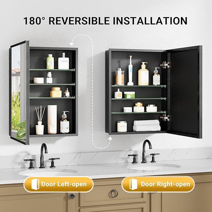 20''x 26'' Black Medicine Cabinet Mirror, Surface or Recessed Aluminum Framed Medicine Cabinet with Beveled Mirror, Full-Assembled, Adjustable Shelves,Reversible Bathroom Mirror with Storage