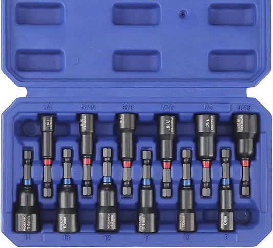WORKPRO 12-Piece Magnetic Nut Driver Set, Premium Impact Power Hex Nut Driver Drill Bit Master Kit, SAE (1/4" to 9/16") and Metric (6-14mm), 1/4" Hex Shank and Quick-Change, Cr-V Steel