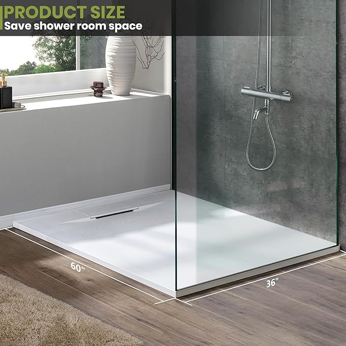 60'' L x 36'' W Shower Base with Drain Cover, White SMC Shower Tray for Bathroom, Waterproof Leakproof Modern Shower Pan