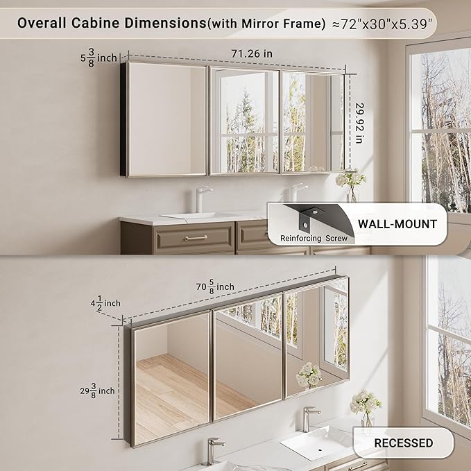 72x30 Brushed Nickel Medicine Cabinet, Recessed or Surface Large Framed Medicine Cabinet with 3 Beveled Mirror Door & Adjustable Shelves, Shatterproof, Pre-Assembled Bathroom Storage Cabinet