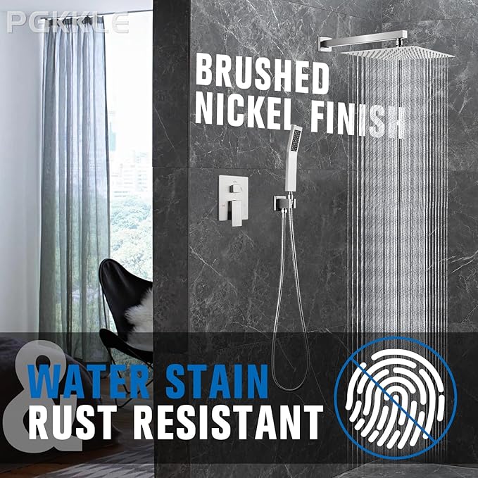 10 Inch Rainfall Shower System - Wall Mounted Complete Combo with Solid Brass Pressure Balancing Valve, High Pressure Shower Head, Handle Set & Installation Accessories Nickel
