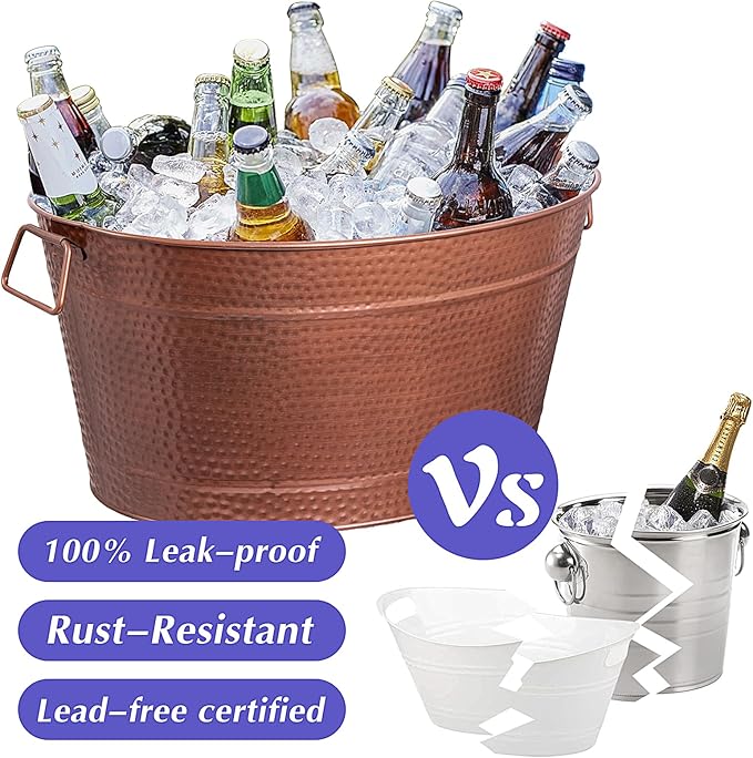 Large Ice Buckets with Handles for Parties, IKAYAS Beverage Tub Rose Copper Stainless-Steel Ice Tub with Scoop and Tongs for Cocktail Bar Mimosa Bar Supplies