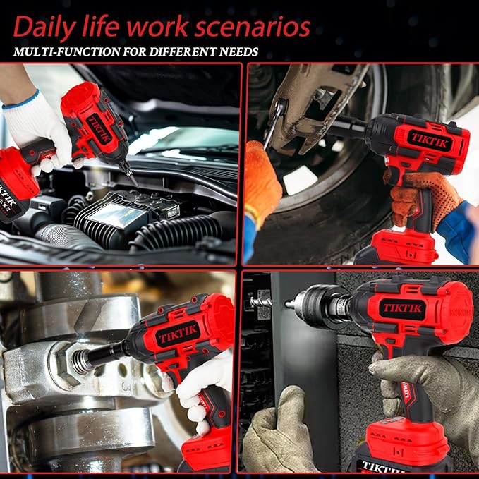TIKTIK 850Nm Cordless Impact Wrench,1/2" Cordless Impact Gun w/ 2x 4.0Ah Battery,3300RPM Brushless Impact Wrench,640Ft-lbs High Torque Electric Impact Driver Set for Car/DIY Furniture/Lawn Mower