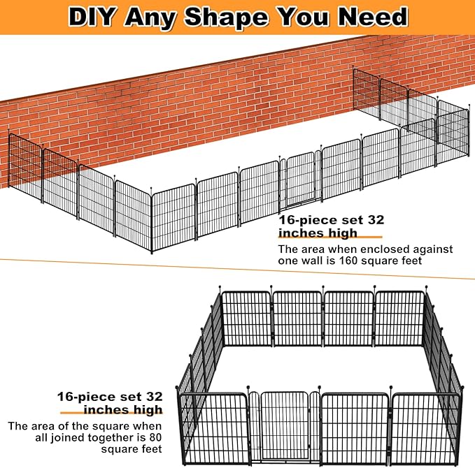 Garden Fences with Gate, 32 in(H)×27 in(L) 16 Panels Total 35.4 Ft(L), Garden Animal Barrier, Fence for Dogs Outside, Heavy Duty Iron Metal Animal Barrier Fence, Flower Bed Fencing