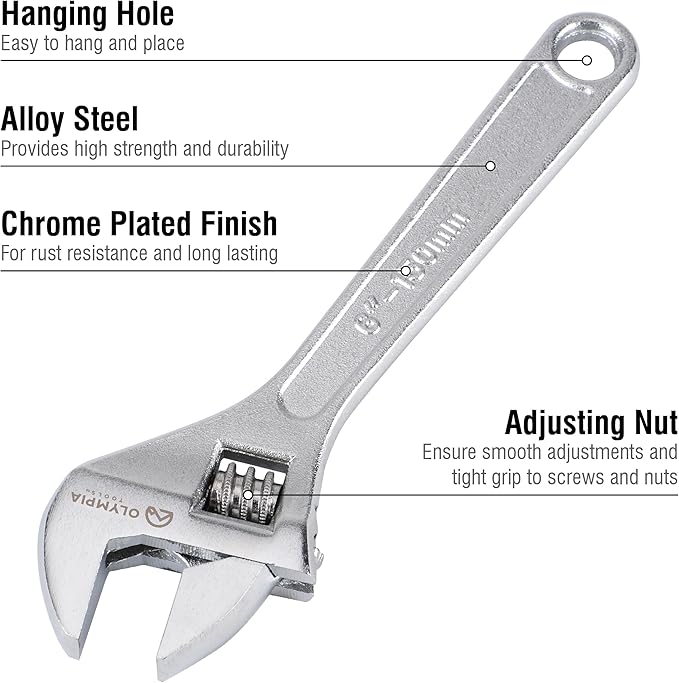 Olympia Tools 6" Adjustable Wrench, Heavy Duty Drop Forged Steel, Chrome Plated, Precision Machined Jaws, Rust Resistant
