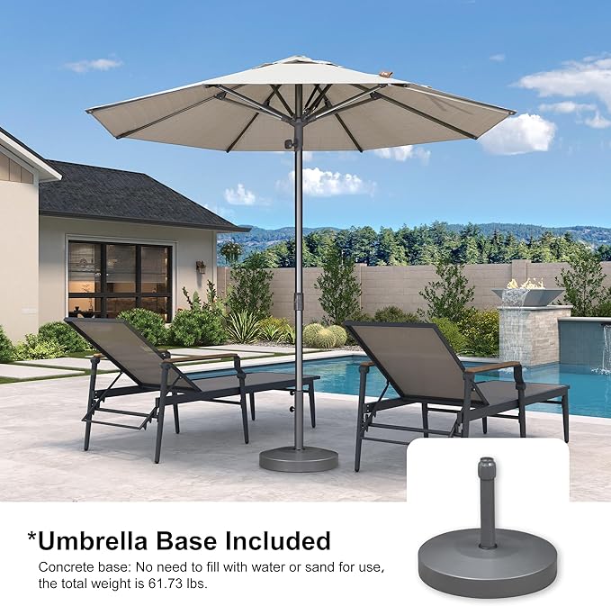 PURPLE LEAF 9 FT Semi-Auto Outdoor Patio Umbrella with Base Market Table Sun Umbrellas with 8 Aluminum Sturdy Ribs for Backyard Deck Garden Pool (Gray Pole Beige Canopy)