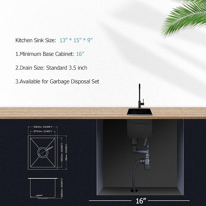 Lordear Black Undermount Bar Sink 13 x15 x 9 Inch Bar Prep Sinks Gunmetal Black Stainless Steel Handmade Kitchen Sink Basin