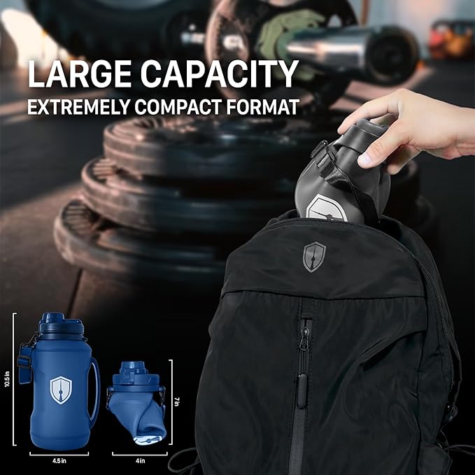 Collapsible Water Bottle for Traveling, Workout or Hiking 64oz Gen 2.0 - Motivational Water Bottle with Time Markings - Half Gallon / 2 L Capacity - BPA Free & Dishwasher Safe (Deep Blue + Filter)