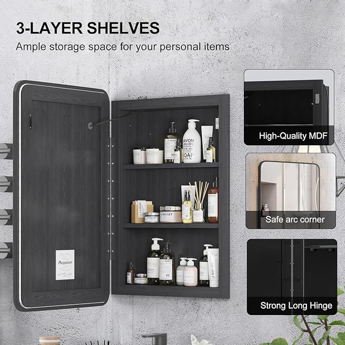 Recessed Medicine Cabinet for Bathroom Medicine Cabinets with Mirror,3-Color Backlight Lighted Medicine Cabinet with Lights,Black Mirrored Medicine Cabinets Wall Mounted 20x30