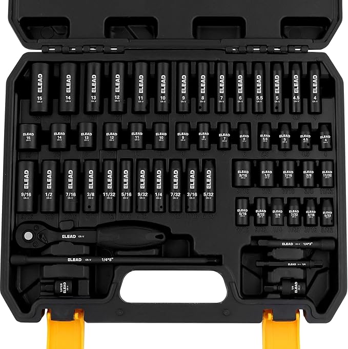 ELEAD 1/4" Drive Impact Socket Set, 56-Piece Standard SAE (5/32 to 9/16 inch) and Metric (4-15mm) Size, Deep & Shallow, 6 Point, Cr-V, 72-Tooth Ratchet Handle, Extension Bar, Universal Joint