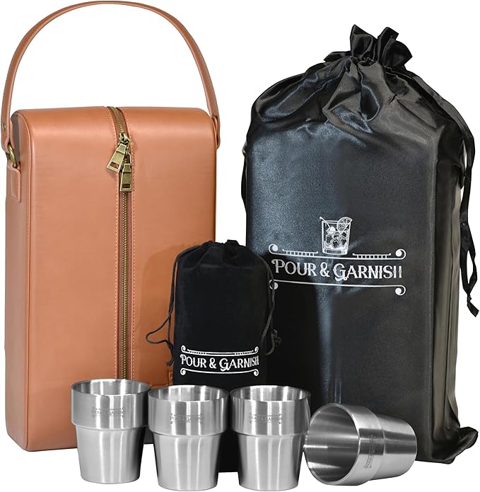 POUR & GARNISH Bourbon Whiskey & Wine Double Bottle Travel Bag with 4 Stainless Steel Double-Walled Vacuum Insulated Glasses - Makes a Great Gift!