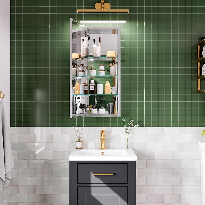 12’’×30’’ Medicine Cabinet with Mirror, Storage Cabinet for Bathroom, Adjustable Shelves, Recessed/Surface Mount, Soft-Close Blum Hinge,Left Swing