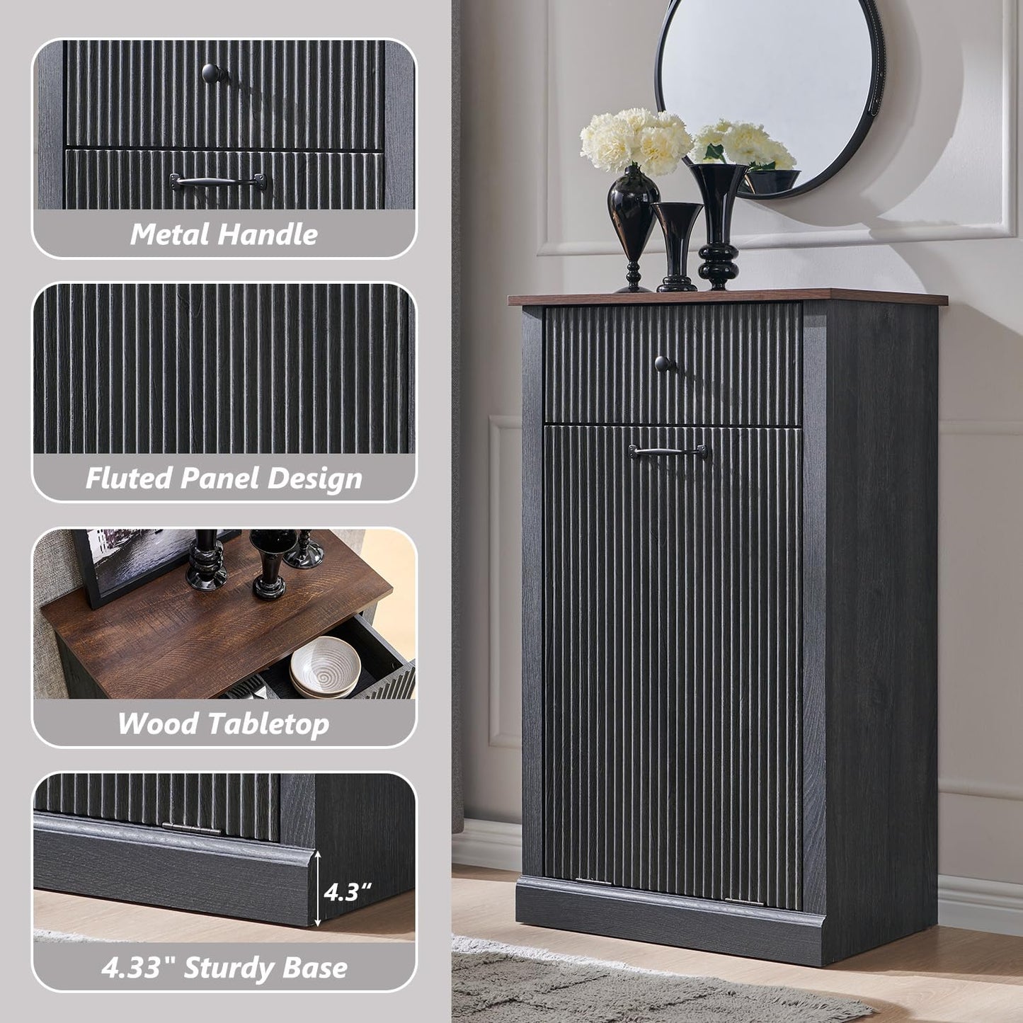 Modern Tilt-Out Trash Can Cabinet, 10 Gallon Fluted Laundry Hamper Cabinet with Drawers, Wooden Hidden Garbage Can Cabinets with Storage Basket, Free Standing for Kitchen and Living Room, Grey