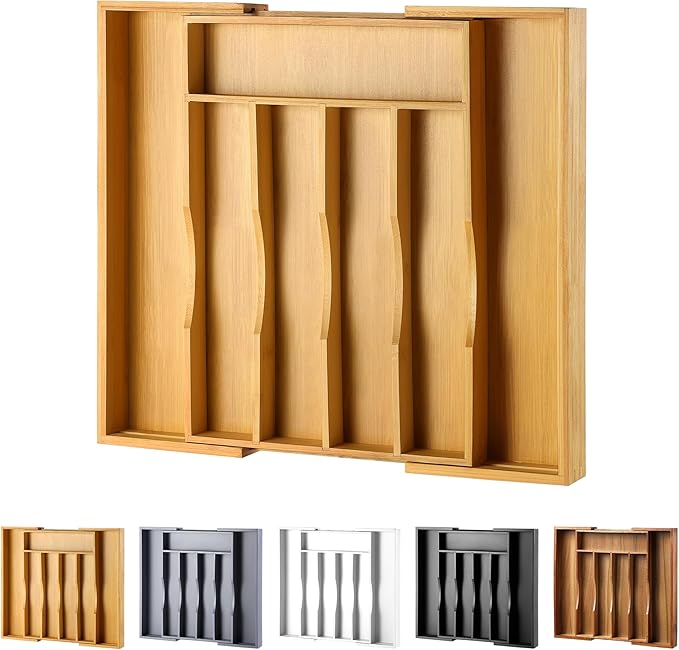 Expandable Bamboo Kitchen Drawer Organizer for Cutlery and Utensils, Adjustable Bamboo Wood Cutlery Tray in Drawer for Flatware and Silverware in Kitchen, (Natural)