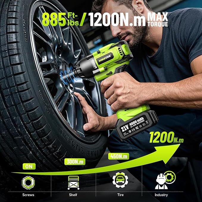 Cordless Impact Wrench, 885Ft-lbs (1200N.m) 1/2" Brushless Impact Gun, 21V High Torque Power Impact Driver, 2x4.0Ah Batteries Electric Impact Motor Variable Speeds for Car/Truck RV/Mower