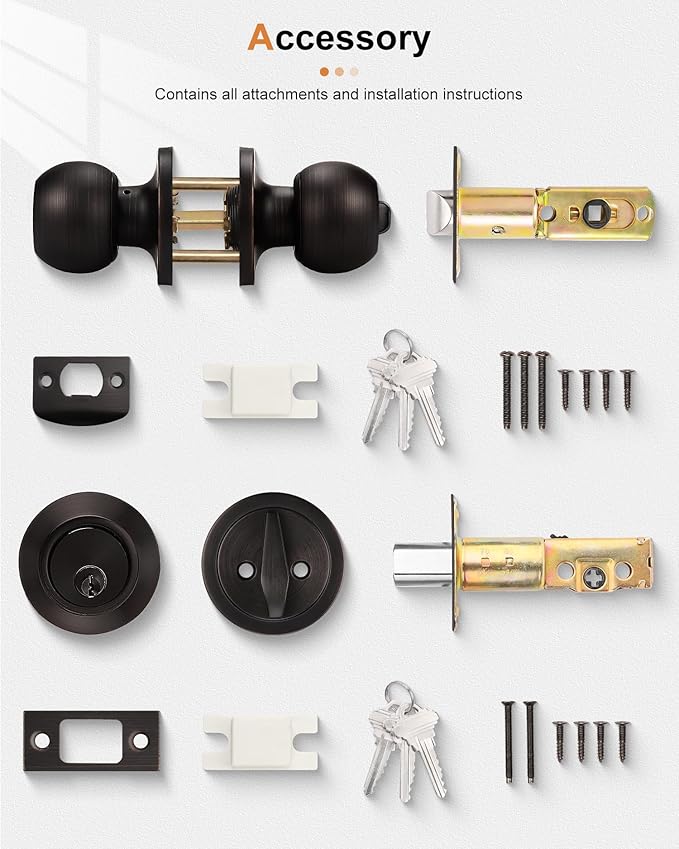 Probrico 3 Sets-Entry Door Knob Lockset and Single Cylinder Deadbolt Combination Set, Keyed Alike Front Handlesets in Oil Rubbed Bronze, Combo Pack Door Knobs Exterior,Contractor Pack